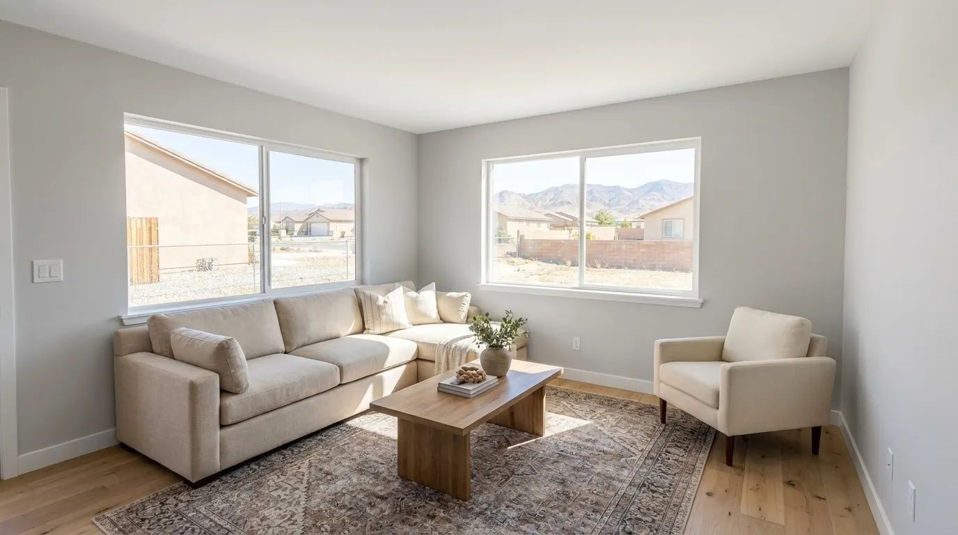 Same living room fully rebuilt and restored after fire damage