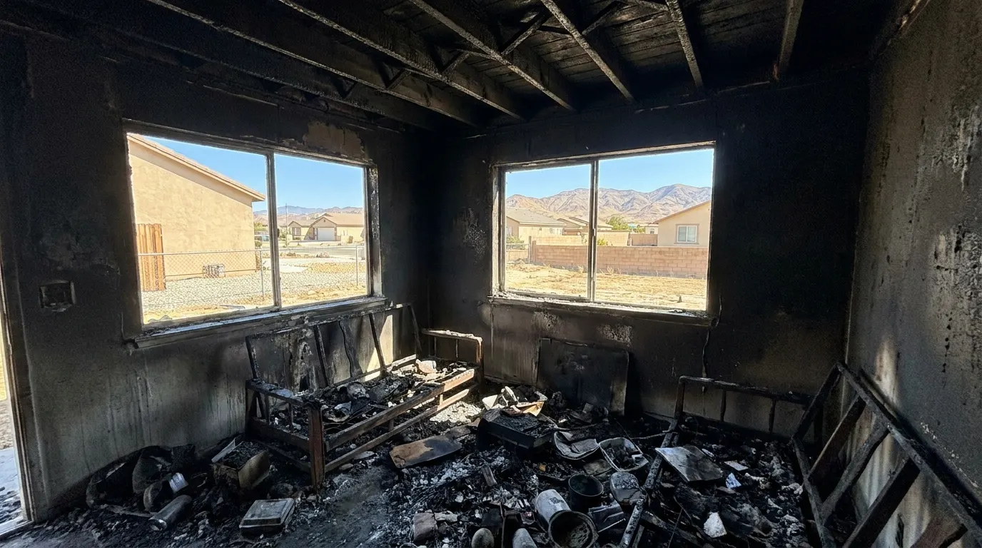 Living room with severe fire damage and charred walls before restoration