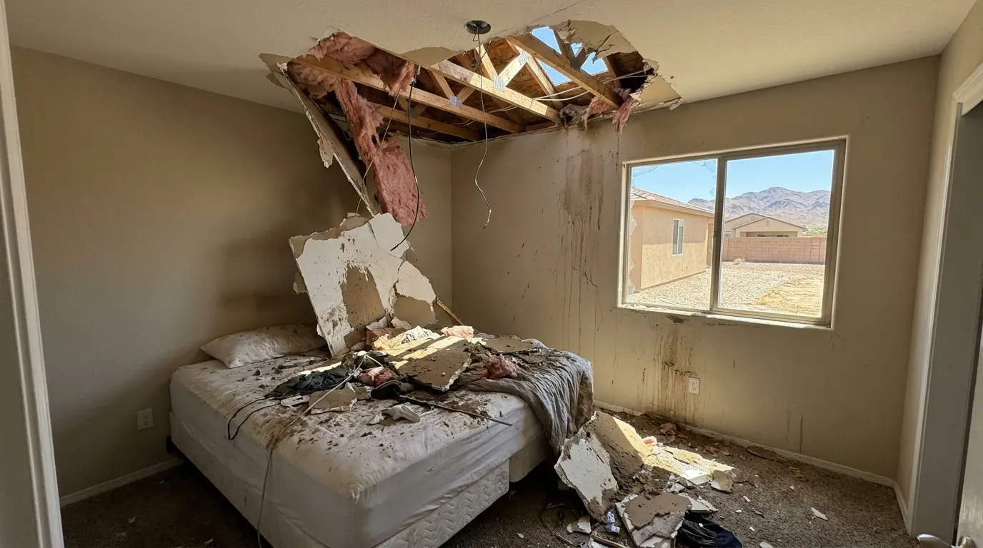 Bedroom with collapsed ceiling and storm debris before repair
