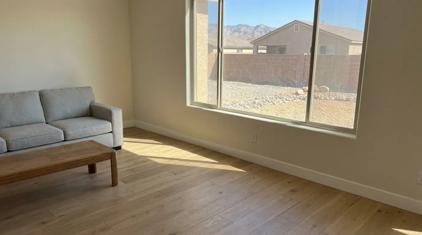 Same living room with new premium plank flooring and repaired walls after restoration