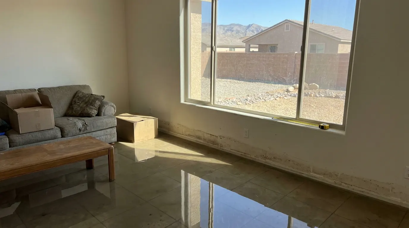 Flooded living room with standing water before restoration